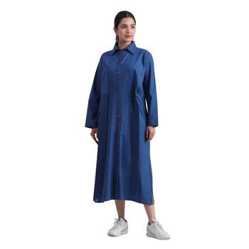 Indigo flare full sleeves pure cotton long maxi shirt dress with belt 5