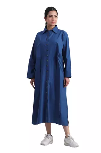 Indigo flare full sleeves pure cotton long maxi shirt dress with belt