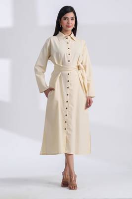 Ivory flare full sleeves pure cotton long maxi shirt dress with belt 1