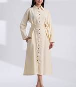 Ivory flare full sleeves pure cotton long maxi shirt dress with belt