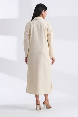 Ivory flare full sleeves pure cotton long maxi shirt dress with belt 2