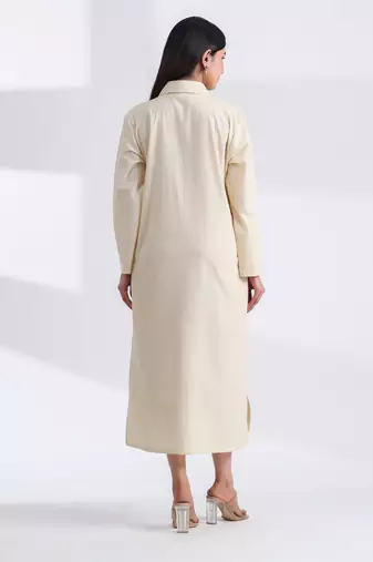 Ivory flare full sleeves pure cotton long maxi shirt dress with belt