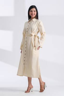 Ivory flare full sleeves pure cotton long maxi shirt dress with belt 3