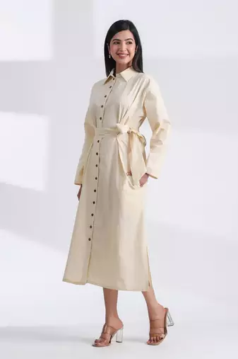 Ivory flare full sleeves pure cotton long maxi shirt dress with belt