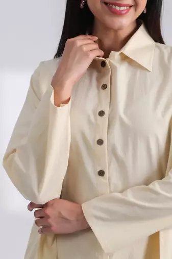 Ivory flare full sleeves pure cotton long maxi shirt dress with belt