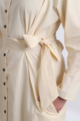 Ivory flare full sleeves pure cotton long maxi shirt dress with belt 5