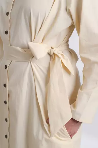 Ivory flare full sleeves pure cotton long maxi shirt dress with belt
