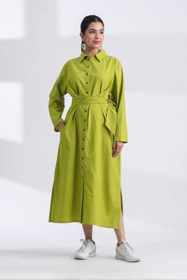 Lime green flare full sleeves pure cotton long maxi shirt dress with belt 1