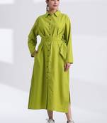 Lime green flare full sleeves pure cotton long maxi shirt dress with belt