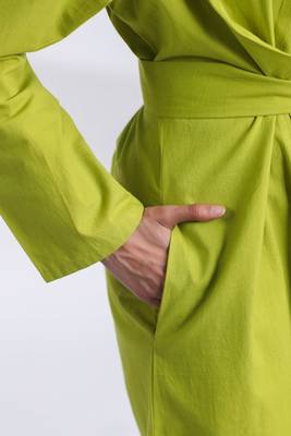 Lime green flare full sleeves pure cotton long maxi shirt dress with belt 2