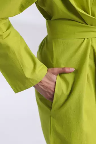Lime green flare full sleeves pure cotton long maxi shirt dress with belt