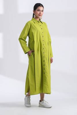Lime green flare full sleeves pure cotton long maxi shirt dress with belt 4
