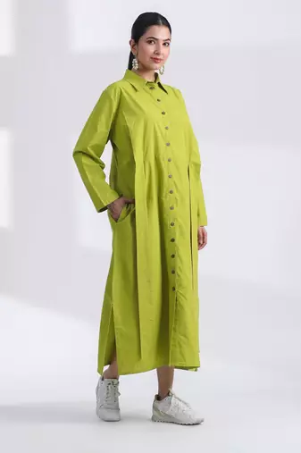 Lime green flare full sleeves pure cotton long maxi shirt dress with belt