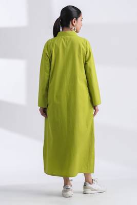 Lime green flare full sleeves pure cotton long maxi shirt dress with belt 5