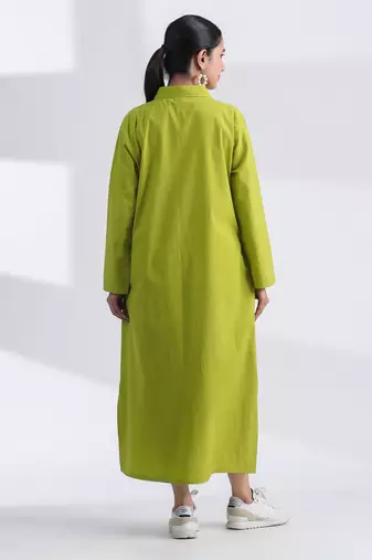 Lime green flare full sleeves pure cotton long maxi shirt dress with belt