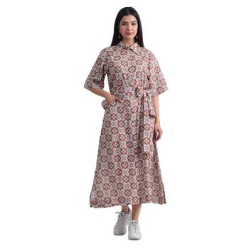 geometric hand print full length front button cotton shirt dress 1