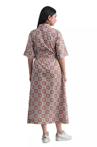 geometric hand print full length front button cotton shirt dress