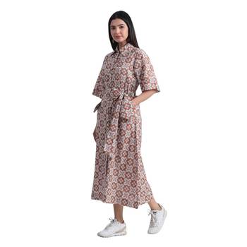 geometric hand print full length front button cotton shirt dress 4