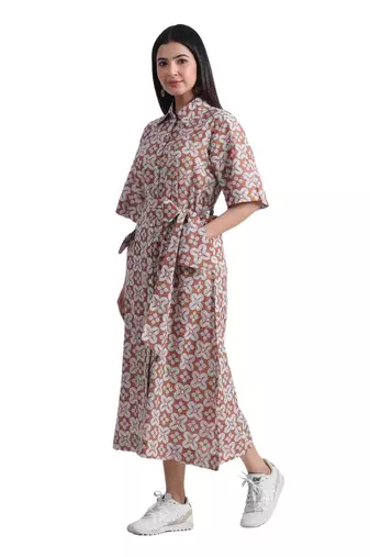 geometric hand print full length front button cotton shirt dress