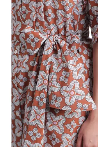 geometric hand print full length front button cotton shirt dress