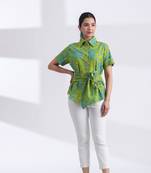 Women's tiger hand print half sleeves cotton top with attached belt