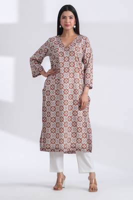 Brown geometric hand print v neck pure cotton kurta 1