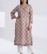 Brown geometric hand print v neck pure cotton kurta