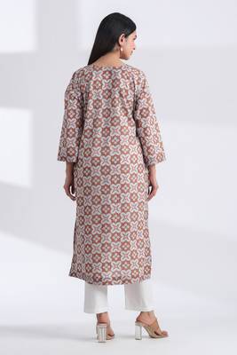 Brown geometric hand print v neck pure cotton kurta 3