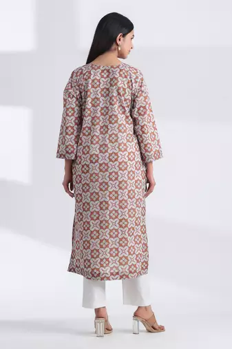 Brown geometric hand print v neck pure cotton kurta