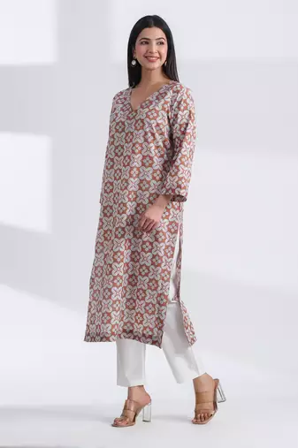 Brown geometric hand print v neck pure cotton kurta