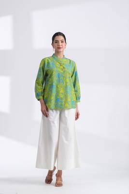 Women's blue mandarin collar hand printed crop cotton shirt 1