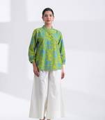 Women's blue mandarin collar hand printed crop cotton shirt