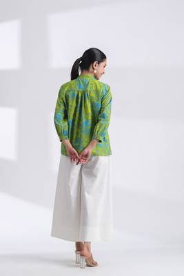 Women's blue mandarin collar hand printed crop cotton shirt 2