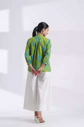 Women's blue mandarin collar hand printed crop cotton shirt
