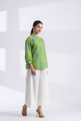 Women's blue mandarin collar hand printed crop cotton shirt 3