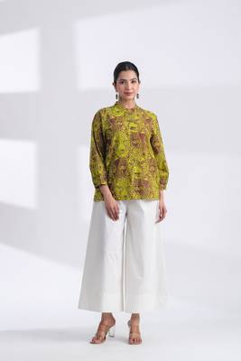 Women's brown mandarin collar hand printed crop cotton shirt 1