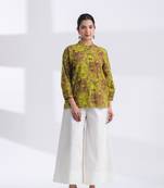 Women's brown mandarin collar hand printed crop cotton shirt