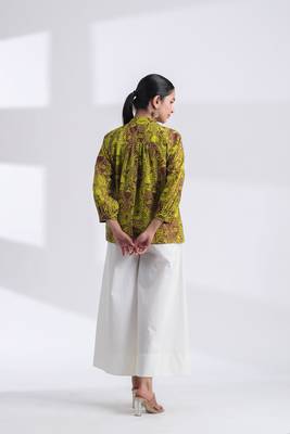 Women's brown mandarin collar hand printed crop cotton shirt 2