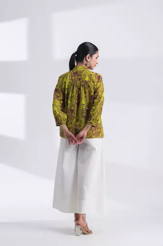 Women's brown mandarin collar hand printed crop cotton shirt