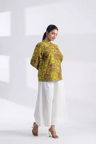 Women's brown mandarin collar hand printed crop cotton shirt
