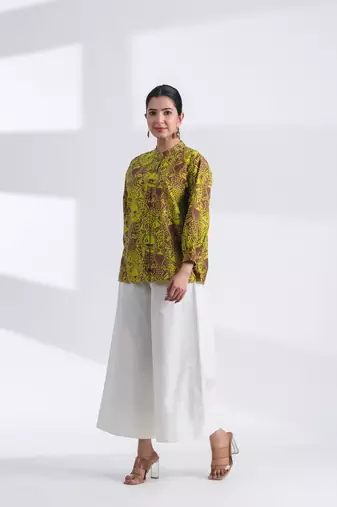 Women's brown mandarin collar hand printed crop cotton shirt