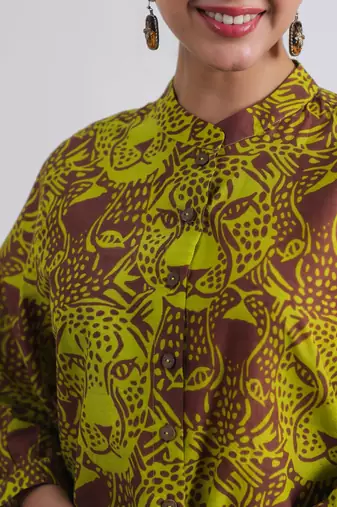 Women's brown mandarin collar hand printed crop cotton shirt