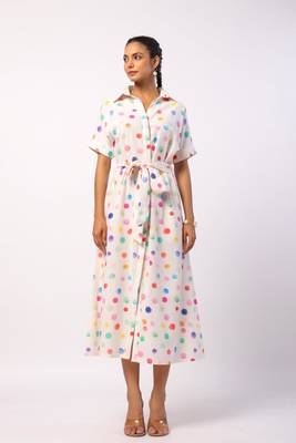 Ivory calf length cotton polka dot printed shirt dress with belt 1