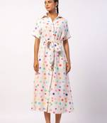 Ivory calf length cotton polka dot printed shirt dress with belt