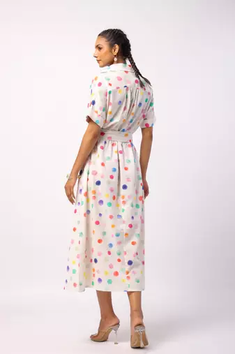 Ivory calf length cotton polka dot printed shirt dress with belt
