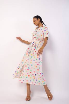 Ivory calf length cotton polka dot printed shirt dress with belt 3