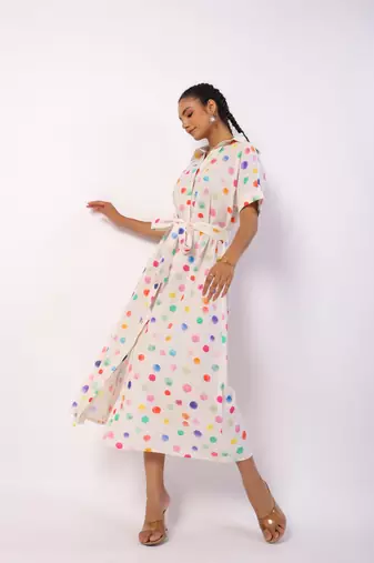 Ivory calf length cotton polka dot printed shirt dress with belt