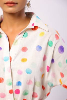 Ivory calf length cotton polka dot printed shirt dress with belt 4