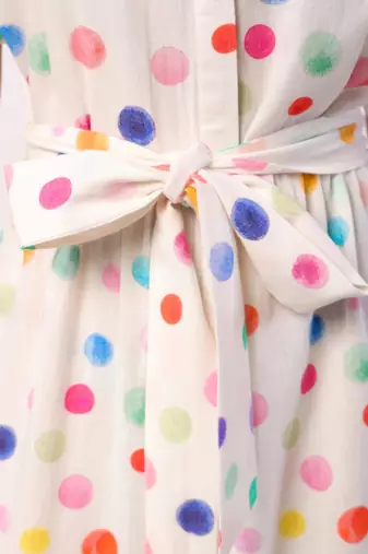Ivory calf length cotton polka dot printed shirt dress with belt