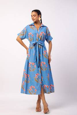 Blue calf length cotton flower butta printed shirt dress with belt 1